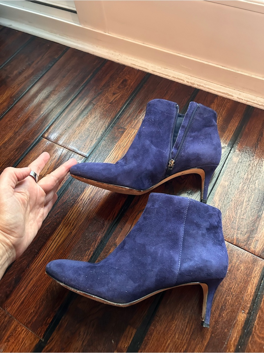 Via Spiga Navy Suede Rounded Toe Stiletto Booties